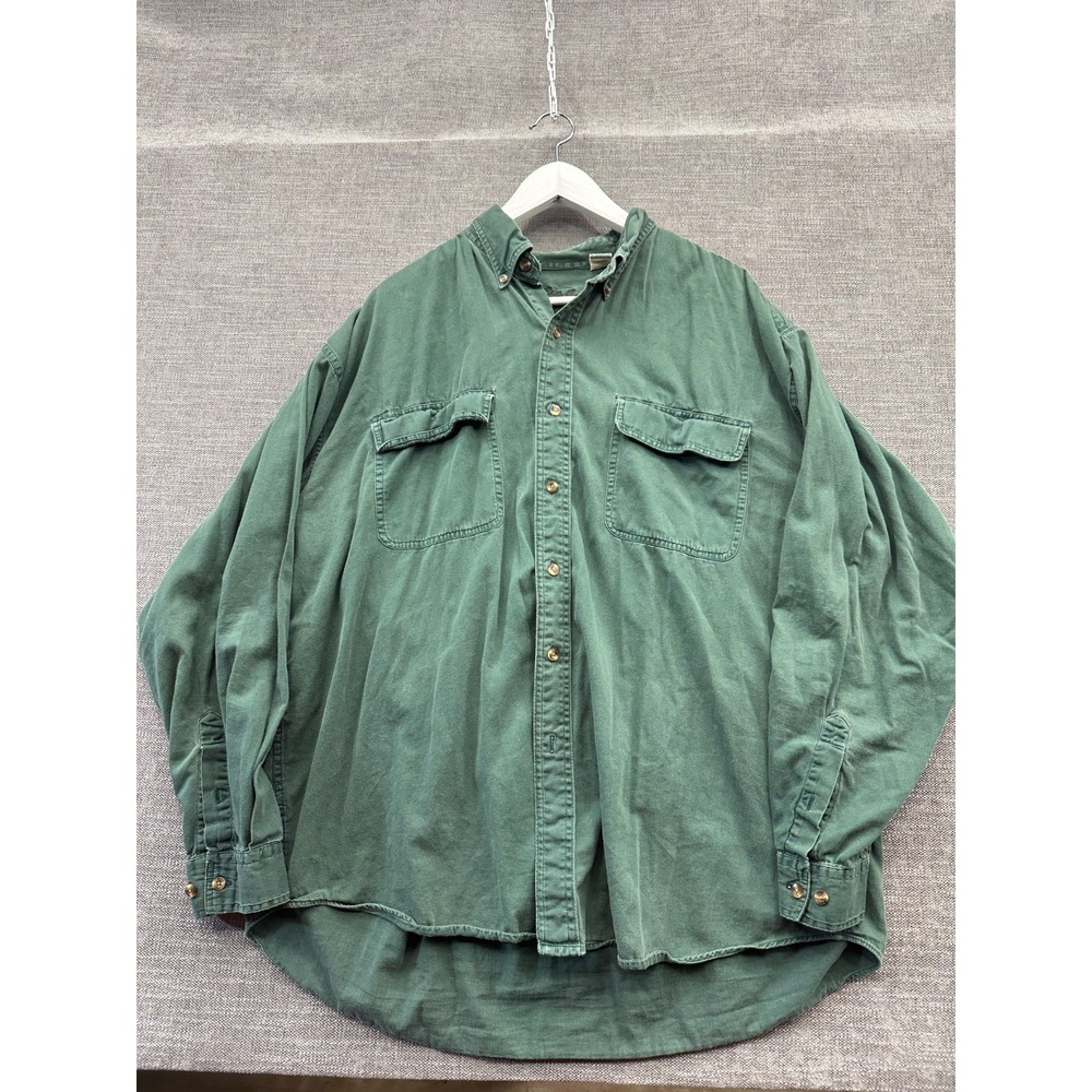 Eddie Bauer Raftan Shirt Mens XL Green Cotton High Low Hem Pleated Button‎ Down